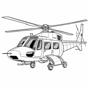 Helicopter, 3 quarter view, coloring book for kids, black and white, white backfround