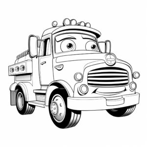 Fire Truck with a cute smile and a smiling face for coloring book. Pixar style, simple outline and shapes, coloring page black and white, comic book flat vector, white background, high resolution