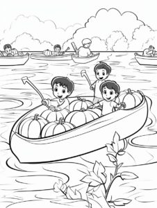 Coloring book page for kids, Children using pumpkins as boats in a pumpkin regatta, no shade, low detials --no grey --ar 3:4 --style raw --stylize 50