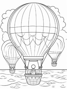 coloring book page for kids, Santa's Balloon Ride: Santa and reindeer in a hot air balloon, no shade, low detials --no grey --ar 3:4 --style raw --stylize 50