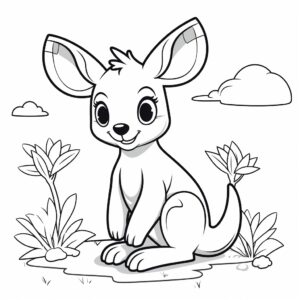 Design an irresistible black and white illustration of a cute kangaroo, perfect for a children's coloring book. The kangaroo should exude charm and fascination, captivating young children. Prioritize simplicity and cleanliness in the design, ensuring easy coloring with thick lines. No shadow effect. Depict the kangaroo with a friendly and endearing expression, highlighting its unique features such as its pouch and long tail. Utilize thick lines to outline the kangaroo's attributes and details. The black and white style of the illustration should inspire children to explore their creativity as they color the kangaroo's fur and any accompanying elements. The resulting image should evoke a sense of wonder and enchantment, motivating kids to enjoy the coloring experience as they bring this delightful kangaroo to life with their chosen colors. coloring page ar 8:10