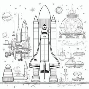 Coloring Book of a Spaceships, rockets, and satellites. black and white on white background