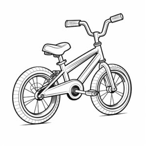 Create a cute and friendly cartoon-style Bicycle illustration, suitable for a 6-12 year-old children's coloring book. The Bicycle should be viewed from a 45-degree angle, with all lines drawn in black ink, following the coloring book style. Use thicker lines for the Bicycle's outlines and softer lines for its endearing details. Avoid using any other colors, and keep the background white with no added text.