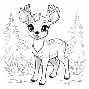 Enter a magical winter forest with an adorable and cute cartoon-style illustration of a little reindeer with its cute deer antlers, perfect for a 6-12 year-old children's coloring book. The little reindeer should be viewed from a 45-degree angle, drawn with black ink lines only, following the coloring book style. Use thicker lines for the reindeer's outlines and softer lines for its endearing details. Keep the illustration in black and white, with no other colors added, and maintain a white background with no added text. The little reindeer should have a playful and endearing appearance, capturing its charm and innocence. Illustrate its fluffy coat, bright eyes, and, most importantly, the cute deer antlers with care, making it look charming and inviting. The style for this illustration is a delightful and captivating cartoon art, ensuring the little reindeer with its cute deer antlers appears inviting and engaging to children. The illustration should evoke a sense of joy and holiday spirit, inspiring young artists to color this adorable scene and express their creativity. Whether the little reindeer is prancing in the snow, adorned with a festive bell, or enjoying a moment of quiet in the winter forest, the illustration should capture the essence of this beloved and cherished character and make it endearing to young coloring enthusiasts.