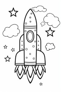 white and black coloring page for toddlers, crisp lines, cartoon art style, white background, a simple and minimalistic cute doodle drawing of a rockets --no shading --ar 2:3