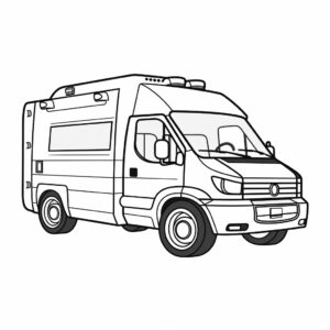 Coloring page for kids, coloring book style, a linear icon representing cartoon ambulance on a white background