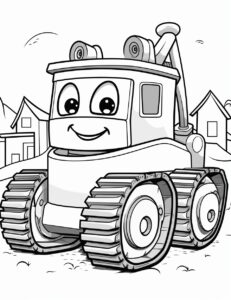 a simple to color page for kids of a bulldozer, thick lines, cartoon style, black and white --ar 85:110