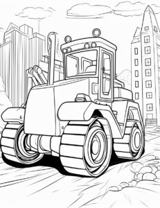 a simple to color page for kids of a bulldozer, thick lines, cartoon style, black and white --ar 85:110