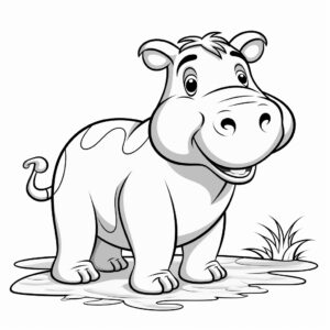 simple cartoon coloring page for kids, cute hippopotamus, black and white, thick lines