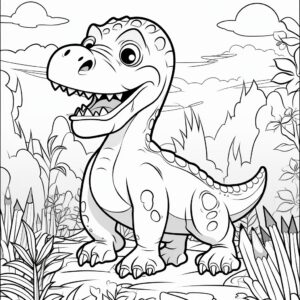 Coloring book for kids, cartoon style, dinosaur in a jungle, thick lines, with & black, without color, White Bacjground, 8K, ar-1:1.2941