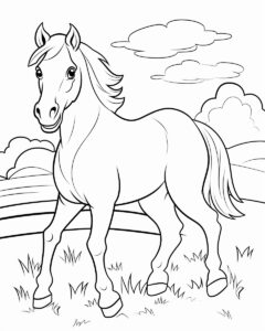 full color, simple black and white drawing of a horse in a pasture, outlined art bold, coloring book page for toddler, simple classic cartoon style, white background --ar 4:5