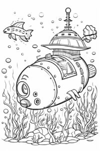 Deep-sea exploration with submarines and sea creatures black and white coloring page for kids, cartoon style, thick lines, black and white, white background --no shading --ar 2:3