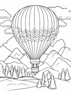 Vintage purple hot air balloon floating above a scenic landscape in the style of a coloring page, use clean lines and leave plenty of white space, simple line art, one line art, clean and minimalistic line, --ar 17:22