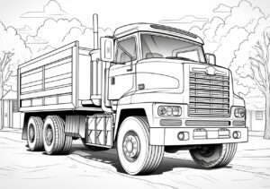 Coloring book for kids, 2023, Flatbed truck, zbrush style, grayscale, low detail, clean and sharp inking, thick black outlines --ar 420:297 --stylize 250