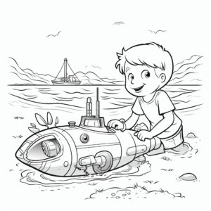 coloring book for kids of a kid finds a small submarine abandoned on the beach he bends down to examine it closely, black and white, cute v5