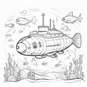 coloring page for kids of a submarine enters the twilight zone, white background, lean line art, fine line art--HD--Ar 2:3