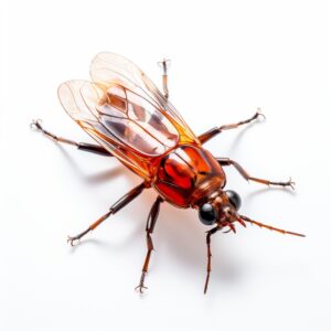 A big transparent bug flying over a white background