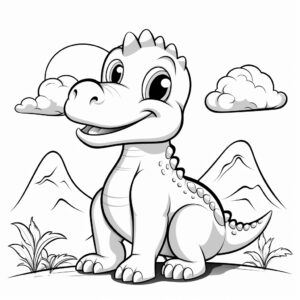 Design a black and white coloring book page for children aged 2 - 4 years old featuring a cute cartoon dinosaur. The dinosaur outline should be thick black against a white background. The objective is a simple image suitable for coloring, with emphasis on staying within the lines. The design should be visually appealing and engaging for young children, with no complex details