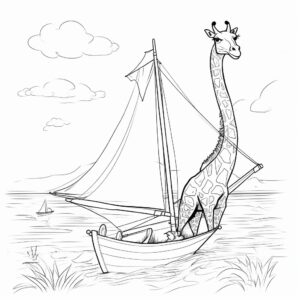 toddler coloring page, giraffe steering a sailboat, 2D vector image, thick black outline, no details, no greyscale, white background ar 2:3 seed 802237591 --stylize 50