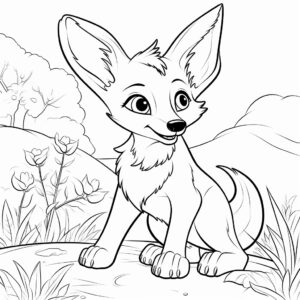 cartoon illustration, coloring book page for preschoolers, adorable happy coyote, nature, black and white outline, no fill, clean, in the style of simple outline, no shading