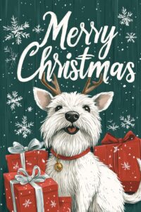 Christmas atmosphere, happy White Terrier with elk in background and Christmas decorations, large elegant text "Merry Christmas", dark green wood background, snowflakes, red gift boxes, details, sharp focus, illustrations in the style of Thomas Kinkaid, top view Angle, center, surreal, beautiful illustrations. Based on augmented Reality. --ar 2:3 --v 6.1