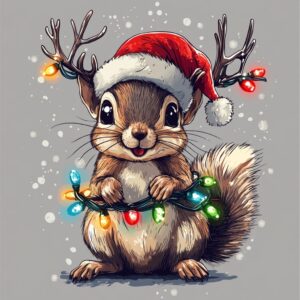 T-shirt design featuring a cute baby squirrel with antlers and a Santa hat, wrapped in Christmas lights on a light gray background. The design uses vivid colors and is a highly detailed vector art piece. --v 6.1