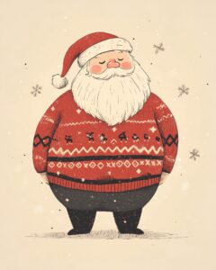 Santa Claus in a full-length Christmas sweater.. The scene is illustrated in a whimsical, minimalist cartoon style --ar 4:5 --v 6.1