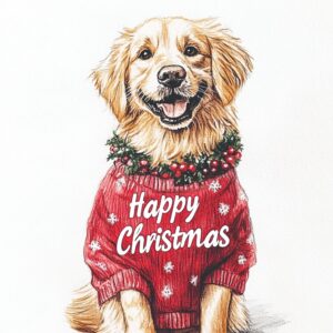 golden retriever sat wearing a christmas jumper saying "Happy Christmas" watercoulour pencil 100% white background --style raw --v 6.1