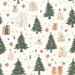 A beautiful Christmas pattern featuring Christmas trees and presents in neutral tones on a cream background. --tile --v 6.1