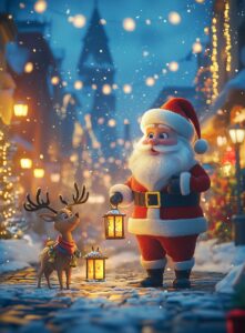 A cartoon-style Santa Claus and reindeer standing in the street, holding lanterns, with city lights and a Christmas atmosphere. Colorful cartoon characters, a simple background, and bright colors create a cute design. This is a full-body portrait, rendered in 3D at high resolution. --ar 47:64 --stylize 250 --v 6.1