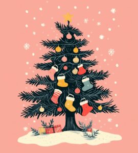 A cute Christmas tree with stockings, set against a pink background. This vintage illustration is in the style of Maud Lewis, featuring minimal details, simple lines, and pastel colors, creating a happy atmosphere. --ar 115:128 --stylize 250 --v 6.1