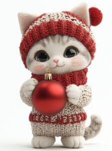 A cute cat wearing Christmas-themed , holding an ornament with a red ball against a white background, in a clipart style, 3D, cartoon illustration. --ar 20:27 --stylize 250 --v 6.1