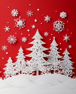 A red background with white snowflakes and paper-cut Christmas trees, featuring geometric shapes and snowflake patterns. The design includes an illustration of the northern lights in the sky, in the style of 2D animation. --ar 59:72 --stylize 250 --v 6.1