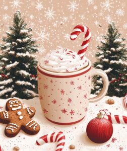 Candy Cane Christmas pattern with gingerbread cookies, hot cocoa mug, and pine trees on a light pink background --ar 43:51 --stylize 250 --v 6.1