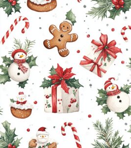 Christmas-themed fabric pattern with gingerbread cookies, holly leaves and berries, candy canes, snowmen, and presents on a white background. Watercolor illustration with a Christmas theme. --ar 57:64 --stylize 250 --v 6.1