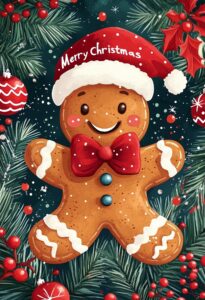 Christmas card cover, gingerbread man with bow tie and hat, text "Merry Christmas" in large letters at the top of the design, colorful illustration in a watercolor style, cute cartoon designs, Christmas decorations in the background, and a red color palette. --ar 15:22 --stylize 250 --v 6.1