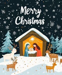 Christmas card illustration, children's book style, flat design, colorful, simple, with the text "Merry Christmas" written in a cursive font on top of it. The scene depicts Mary and Joseph's stable with an angel above them, where baby Jesus is being born into a snowy surrounding. A reindeer stands nearby, and other animals watch from afar. --ar 107:128 --stylize 250 --v 6.1