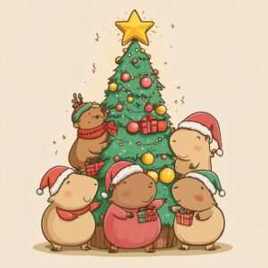 This image shows a cute Christmas scene featuring a group of capybaras. They are stacked in a pyramid shape, with the top capybara dressed as a Christmas tree, wearing a yellow star on its head. The other capybaras are dressed in Santa Claus, reindeer, and snowman costumes, holding Christmas ornaments and gifts. The overall color scheme is soft, with a light beige background, highlighting the warm holiday atmosphere. --style raw --iw 2 --v 6.1