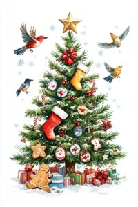 A Christmas tree adorned with stickers, gingerbread cookies, stockings, and birds in flight with snowflakes and stars on a white background, in a vintage watercolor style, with high detail, HDR, self-shadowing, and intricate details, in the style of Pixar art. --ar 2:3 --v 6.1