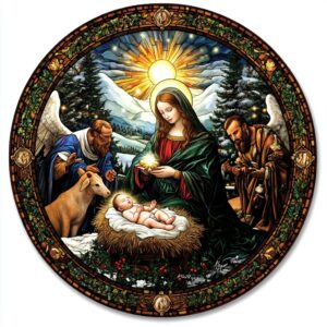 A beautiful Christmas card featuring the Mona Lisa, surrounded by three kings and an angel in a small nativity scene, set against a backdrop of snowy pine trees with a bright star illuminating their faces. The baby Jesus lies peacefully inside his manger as animals surround them, creating a warm festive atmosphere. circular pattern, white background, stained glass style background, stained glass style circular border, 3D representation of delicate rounded corners bezels, Ultra HD resolution and ultra-realistic details, vibrant colors. Rich details and high resolution --v 6.1