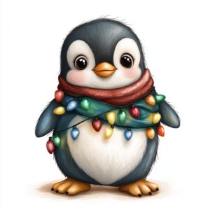 A friendly penguin wrapped in christmas lights, cartoon style. Soft colors, smooth lines, and a whimsical feel, ideal for kids' illustrations, white background --style raw --personalize o2tsbh2 --stylize 250 --v 6.1