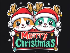 Merry Christmas t-shirt design vector with two cute cats wearing Santa hats and reindeer antlers, holding a large sign that reads "Merry Christmas", in vibrant colors, with a contour outline, on a white background, in a detailed, cartoon style, with a clear outline of the sticker without any shadow or gradients on an isolated black background. The text is centered on all sides to match the typography in the logo. It's in a bold font, and it says "Merry Christmas". --ar 64:49 --v 6.1