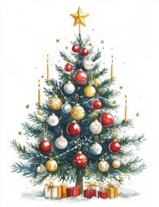 whimsical christmas tree with red, gold, silver and white ball ornaments, a few yellow candles are also on the tree, there is a star on top of the tree, watercolor, isolated on white background --ar 17:22 --v 6.1