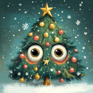 cartoon, christmas tree, whimsical, traditional christmas, magical, beautiful, yule, scandinavian christmas, happy cartoon eyes --v 6.1