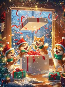 A Christmas poster featuring DOGE the Shiba Inu. The scene is a living room decorated for the celebration of Christmas with snowflakes falling outside the window, the living room is warmly lit and celebrated with colorful decorations and ribbons with a large white open gift box as a backdrop. The open lid of the gift box flies up to reveal the inside of the gift box and in front of it will be three Shiba Inus playing together wearing red hats that look like elves or little snowmen. They are all dressed in green elf outfits, grabbing the red ribbons that float out of the gift box and showing happy expressions that add to the cuteness and joy. It's a scene full of joyful and festive atmosphere. --ar 3:4 --v 6.1