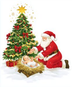 A touching Christmas illustration featuring Santa Claus kneeling beside baby Jesus in a manger on a snowy ground. Santa has a gentle, reverent expression as he reaches toward the baby, who lies peacefully in the hay-filled manger. A beautifully decorated Christmas tree stands next to them, adorned with red bows, gold ornaments, and topped with a bright star. Snowflakes and red accents surround the scene. The background is white, enhancing the peaceful and reverent holiday atmosphere --ar 5:6 --stylize 0 --v 6.1