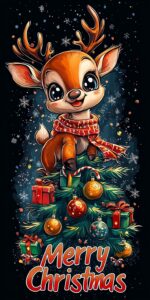 Stunning Christmas poster design with cute cartoon reindeer, smiling and wearing a scarf in front of a decorated Christmas tree with presents under it, in a watercolor style, with the text "Merry Christmas" on a black background, in a hyper-realistic, watercolor, cartoon style, with hyper-detailed, HD quality. --ar 1:2 --quality 2 --v 6.1