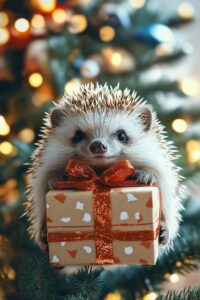 SCENE: Cute hedgehog holding wrapped christmas present decorated box with christmas tree on background | IMAGE_TYPE: artistic photo, CG, funny --ar 2:3 --v 6.1