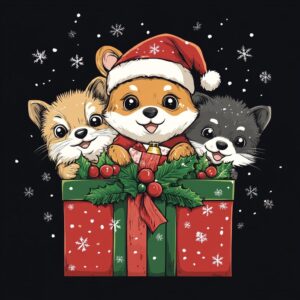 Shirt Design. Cute Christmas animals peaking from Christmas present. --style raw --stylize 50 --v 6.1