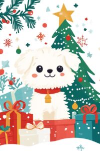 whimsical Christmas cartoon illustration of a kawaii maltese, full body, Christmas tree, bright cheerful colors, in the style of Mary blair, Katie Vernon, Yao cheng, Christmas elements in white background , --ar 2:3 --v 6.1